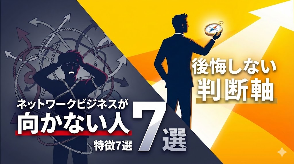 ネットワークビジネスが向かない人の特徴7選｜後悔しない判断軸 あなたは日本一のデザイナーです。以下の記事内容を基に、ブログのアイキャッチ画像を作って